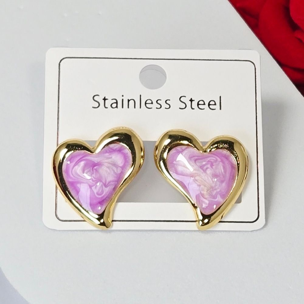 Purple Marbled Chunky Heart Stud Earrings Gold 18K Plated Stainless Steel Y2K
